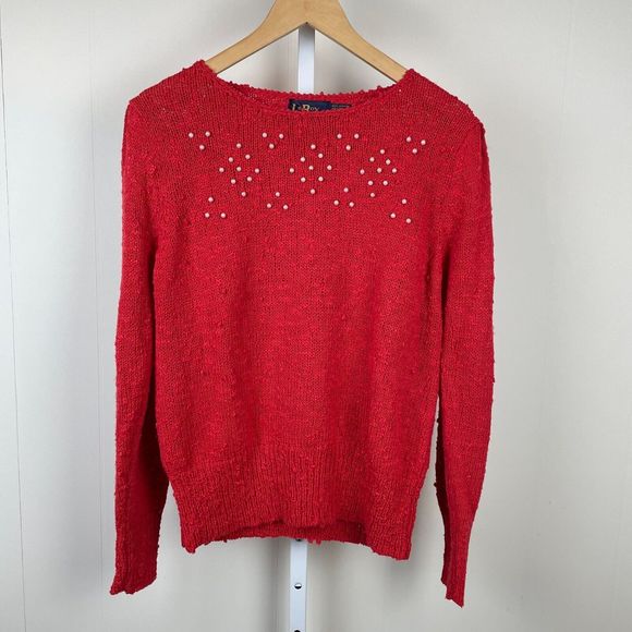 Le‎ Roy Knitwear Vintage 80s Red Sweater Pearl Beaded Long Sleeve Womens XL - Picture 2 of 5